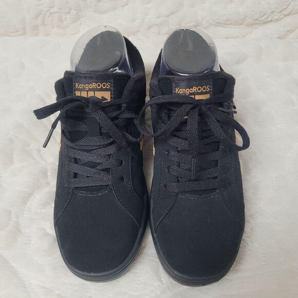KangaRoos ROOS Sneakers Lace Up Black Gold Embroidered Side Emblems Size 6 - Picture 3 of 11